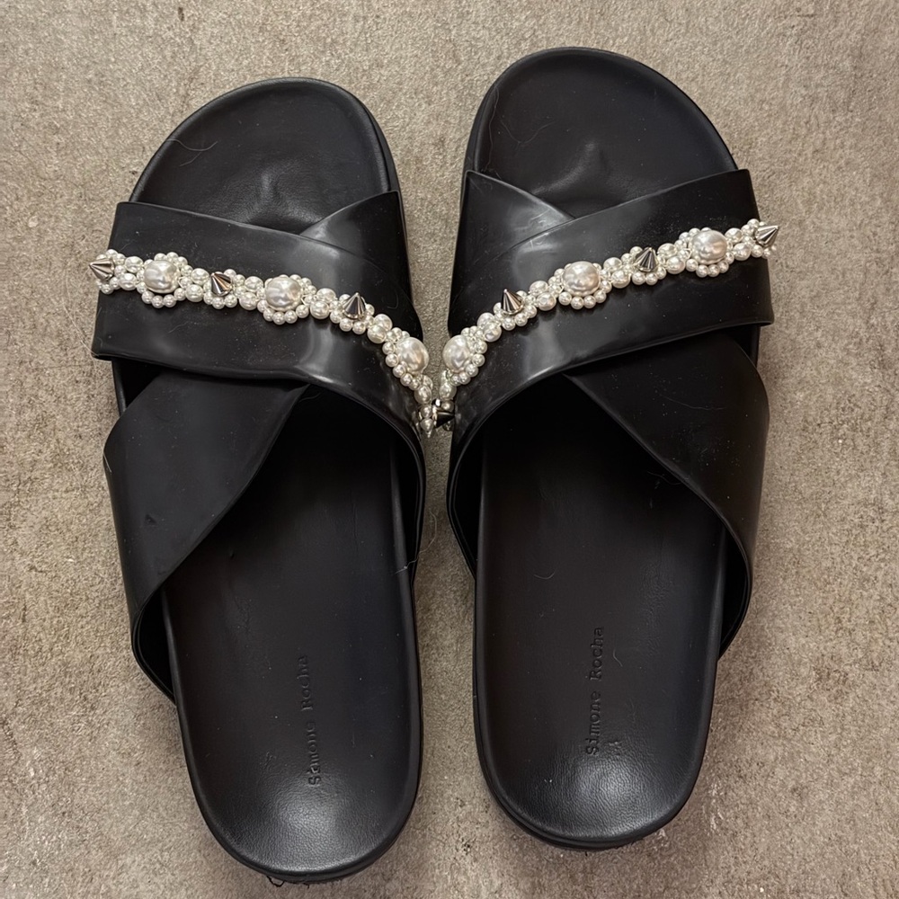 Simone Rocha Leather Studded Accents Slides - Black Sandals